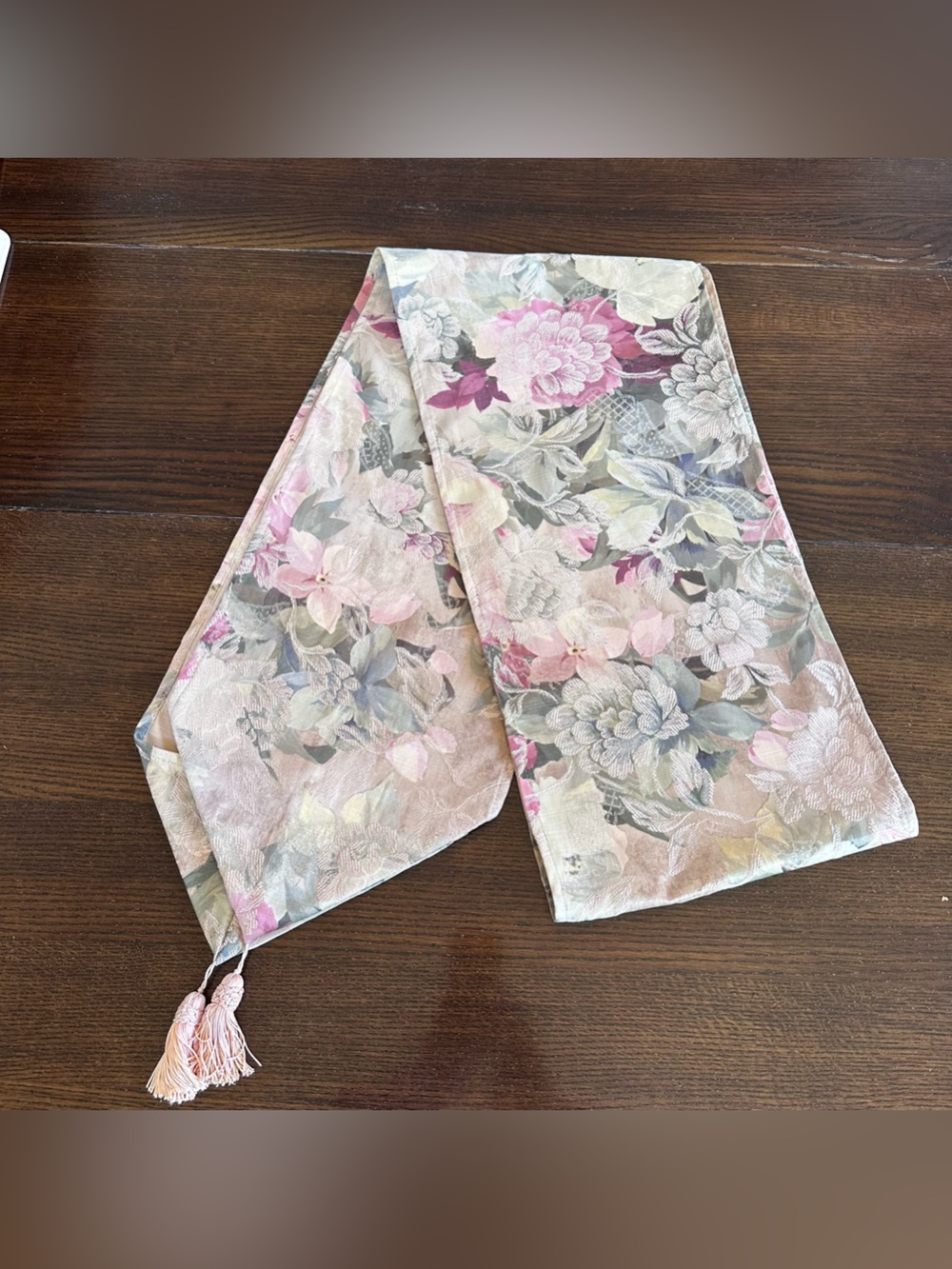 Vintage Floral Table Runner w Tassels 11.5x104" Sage Green Grey Pink Damask 80s